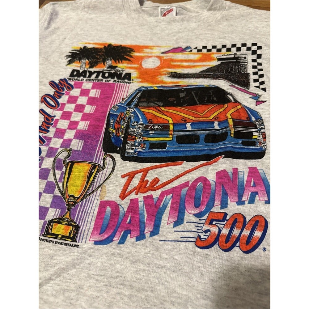 Vintage 80’s Jerzeez Large Daytona 500 Graphic T Shirt Grey